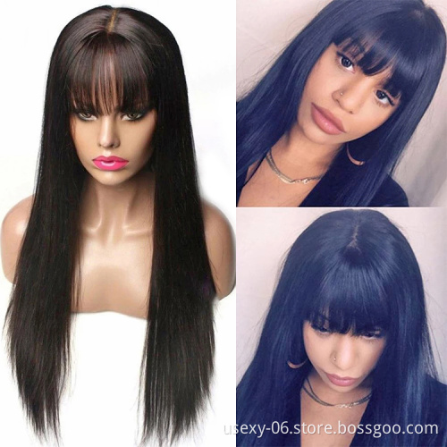 Cheap silk straight wave front lace human hair bang wig cuticle aligned virgin hair transparent hd lace closure wig with bangs